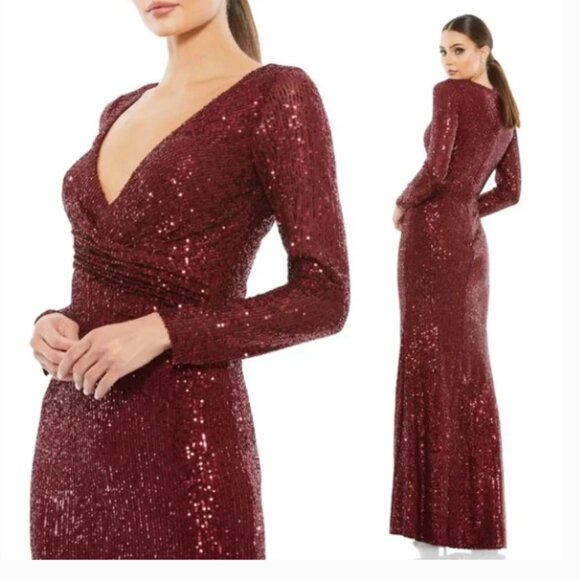 MAC DUGGAL 26574 SEQUINED FAUX WRAP LONG SLEEVE WINE COLUMN GOWN sz 4 - Picture 3 of 5